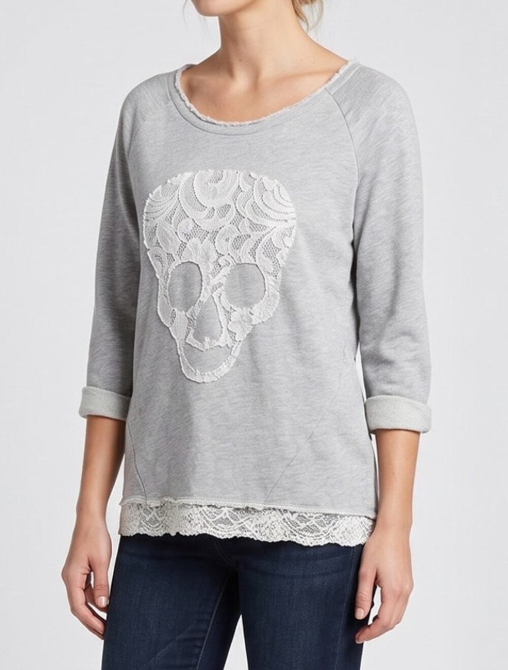 Chelsea & Violet Lace Skull Detail Top Sweatshirt Gray Small Cotton